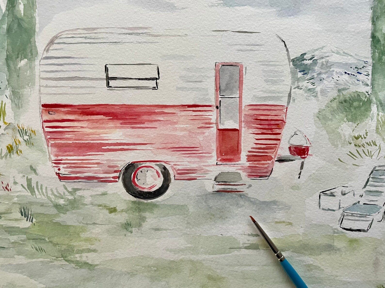 Camper Painting Original Camper Art Red Camper Painting Etsy France