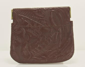 Brown Leather Tooled Coin Purse with Squeeze Frame, Handmade Artisan Purse Made in the USA with Free Shipping. Pre-Owned, Like New.