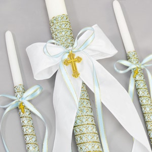 Orthodox Boys 24" THICK Baptism Candles with Blue Metallic Trim - Greek Lambathes - Lambades Vaptisis | Anastasios by Dahlia