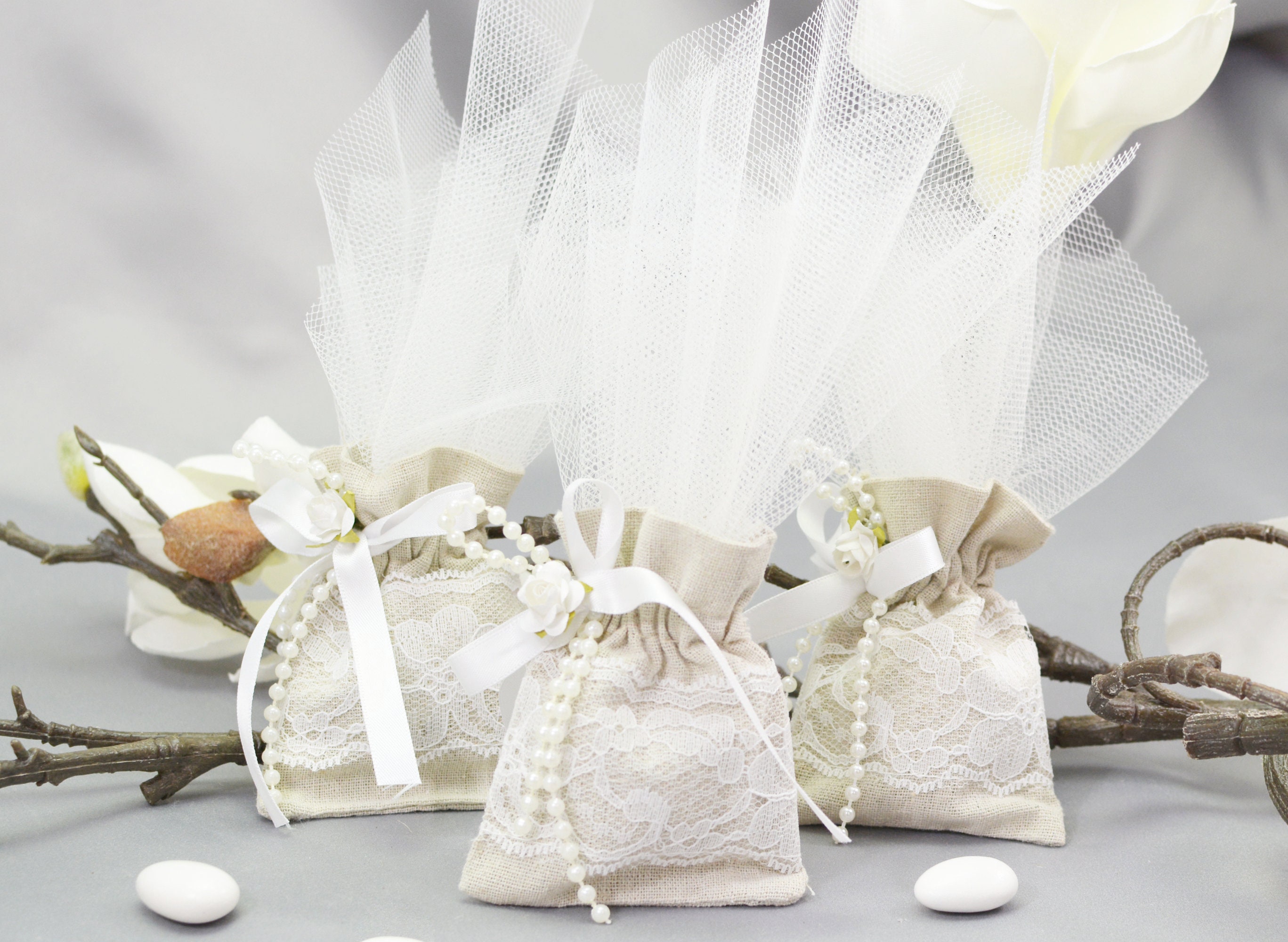 Wedding Favors with Pearl Flower Strand - Greek Boubounieres Koufeta - Italian Bomboniera Confetti | Romantic Lace & Pearls by Dahlia