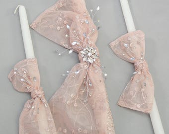 Orthodox Girls Baptism Candles with Pink Tulle - Greek Lambathes - Lambades Vaptisis - Λαμπάδες Βάπτισης | Ileana 24" by Dahlia