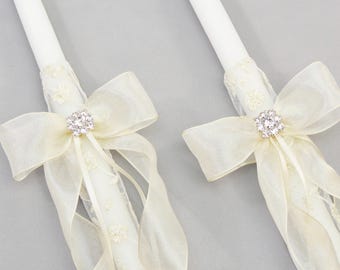 Orthodox 21" & 24"Wedding Candles Cream Embroidered Tulle - Greek Lambathes - Lambades Gamou - Λαμπάδες Γάμου | Life's Fairytale by Dahlia