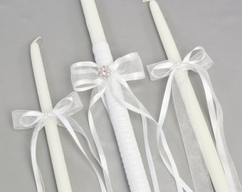 Orthodox Girls Baptism Candles with White Trim - Greek Lambathes - Lambades Vaptisis - Λαμπάδες Βάπτισης | Catia - White 21" by Dahlia