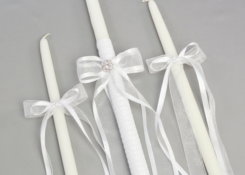 Orthodox Girls Baptism Candles with White Trim Greek Lambathes Lambades Vaptisis Λαμπάδες Βάπτισης Catia White 21 by Dahlia Set: 21" & Two 17"