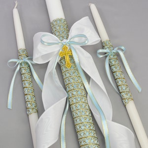 Orthodox Boys 24&quot; THICK Baptism Candles with Blue Metallic Trim - Greek Lambathes - Lambades Vaptisis | Anastasios by Dahlia