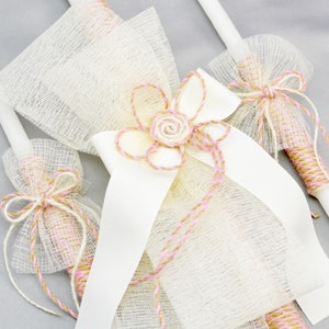 Orthodox Girls Baptism Candles with Twine Flower - Greek Lambathes - Lambades Vaptisis - Λαμπάδες Βάπτισης | Penny 24&quot; by Dahlia