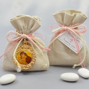 Linen Pouch Girls Baptism Favors - Greek Orthodox Boubounieres Koufeta - Italian Bomboniera Confetti - Jordan Almond Dragée | Dahlia