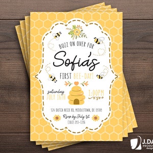 Bee Day, Bee Invitation, 1st Birthday, Buzz On Over, So Sweet, Bee One, Little Honey, Party Invitation, Printed Invitation with Envelopes