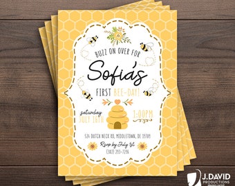 Bee Day, Bee Invitation, 1st Birthday, Buzz On Over, So Sweet, Bee One, Little Honey, Party Invitation, Printed Invitation with Envelopes