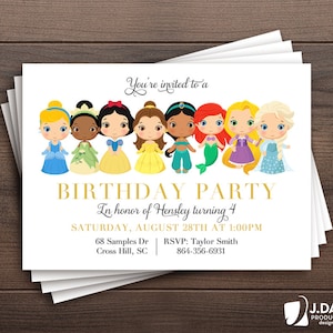 Princess Birthday Party, Cinderella, Tiana, Snow White, Belle, Jasmin, Ariel, Rapunzel, Elsa, Printed Invitation with Envelopes