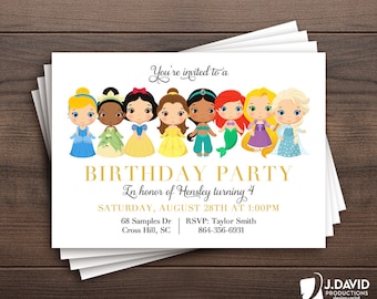 Princess Birthday Party, Cinderella, Tiana, Snow White, Belle, Jasmin, Ariel, Rapunzel, Elsa, Printed Invitation with Envelopes