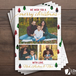 Familiekerstkaart, vrolijk kerstfeest, Meowy Christmas, fotocollage, winter, rustiek, buffelruit, gedrukte uitnodiging met enveloppen