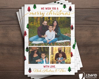 Family Christmas Card, Merry Christmas, Meowy Christmas, Photo Collage, Winter, Rustic, Buffalo Plaid, Printed Invitation with Envelopes
