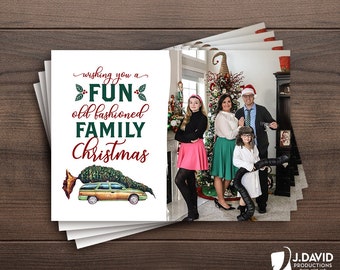 Family Christmas Card, Happy Holidays, Photo Collage, Christmas Tree, Station Wagon, Printed Invitation with Envelopes