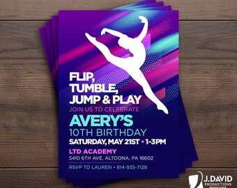 Gymnastics Birthday, Flip, Tumble, Jump and Play, Party Invitation, Printed Invitation with Envelopes