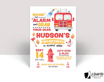 Fire Fighter Birthday Theme, Sound the Alarm, Party Invitation, Printed Invites with Envelopes