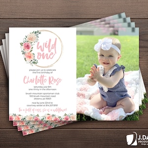 Wild One, convite para festa de primeiro aniversário, flores silvestres, rosas, foto, convite impresso com envelopes