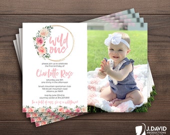 Wild One, 1st Birthday Party Invitation, Wildflower, Roses, Photo, Printed Invitation with Envelopes
