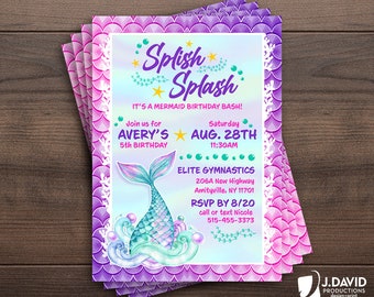 Mermaid Birthday, Party Invitation, Under the Sea, Splish Splash, Printed Invitation with Envelopes