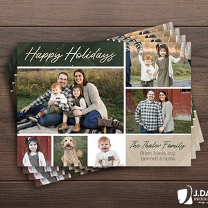 Cartão de Natal da família, Feliz Natal, Boas Festas, Colagem de Fotos, Inverno, Neve, Xadrez, Convite Impresso com Envelopes