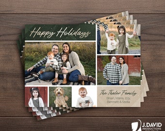Family Christmas Card, Merry Christmas, Happy Holidays, Photo Collage, Winter, Snow, Plaid, Printed Invitation with Envelopes