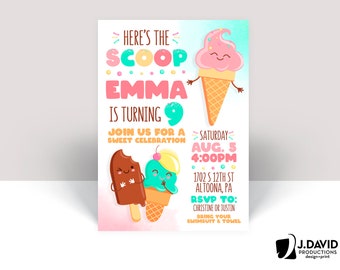 Ice Cream Birthday Theme, Here's the Scoop, Party Invitation, Printed Invites with Envelopes