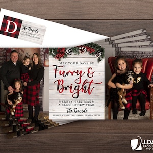 Family Christmas Card, Harige en Heldere, Happy Holidays, Foto Collage, Winter, Rustiek, Buffalo Plaid, Gedrukte uitnodiging met enveloppen