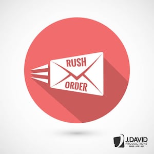 May include: A white envelope with the words "RUSH ORDER" is depicted on a red circle, with speed lines emanating from the left. The image is a graphic design element, suggesting expedited service or a quick order process.