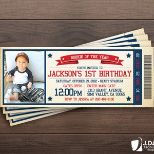 Rookie of the Year, All Star Baseball, Little Slugger, 1st Birthday, Ticket Invitation