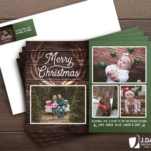 Familiekerstkaart, fijne feestdagen, fotocollage, winter, rustiek, hert, gewei, gedrukte uitnodiging met enveloppen