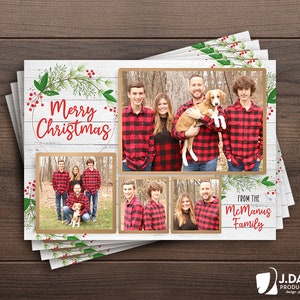 Family Christmas Card, Merry Christmas, Happy Holidays, Photo Collage, Winter, Rustiek, Buffalo Plaid, Gedrukte uitnodiging met enveloppen
