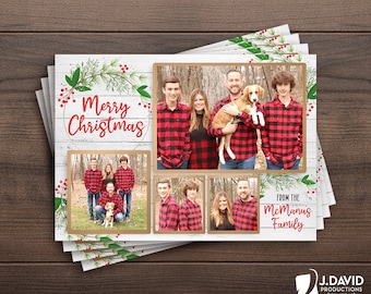 Family Christmas Card, Merry Christmas, Happy Holidays, Photo Collage, Winter, Rustic, Buffalo Plaid, Printed Invitation with Envelopes