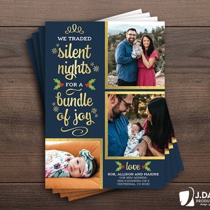 Tarjeta de Navidad Familiar, Felices Fiestas, Nuevo Bebé, Collage de Fotos, Noche de Paz, Paquete de Alegría, Invitación Impresa con Sobres