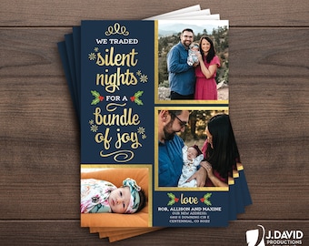 Family Christmas Card, Happy Holidays, New Baby, Photo Collage, Silent Night, Bundle of Joy, Printed Invitation with Envelopes