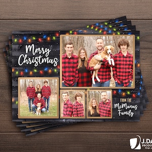 Family Christmas Card, Merry Christmas, Happy Holidays, Foto Collage, Kerstverlichting, Winter, Rustiek, Gedrukte uitnodiging met enveloppen