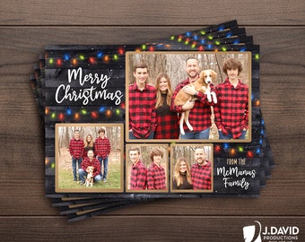 Family Christmas Card, Merry Christmas, Happy Holidays, Photo Collage, Christmas Lights, Winter, Rustic, Printed Invitation with Envelopes