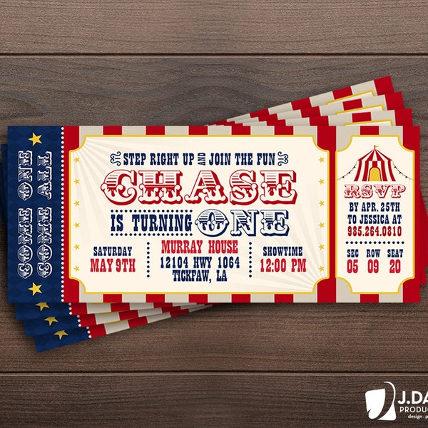 Carnival, Circus Theme, Birthday Invitation, Ticket Design, Printed with Envelopes