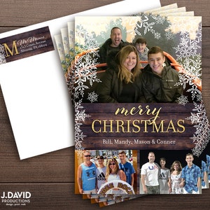 Family Christmas Card, Happy Holidays, Foto Collage, Winter, Rustiek, Sneeuwvlokken, Gedrukte uitnodiging met enveloppen