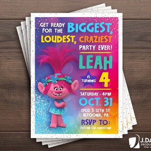 Trolls Birthday Party, Poppy, Branch Invitation, Trolls Theme, Children&#39;s Birthday Announcement, Printed Invitation with Envelopes