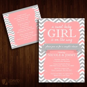 May include: A pink and gray chevron patterned baby shower invitation with the text "a sweet baby girl is on the way". The invitation is for a couple's shower honoring Nicole & Jimmy. The event is scheduled for Saturday, August 22nd at 1:00 PM at Teresa Ciambotti's House, 1409 Polk Avenue, Altoona, PA 16602. RSVP by August 12th to Ruth Ciambotti at 814-944-7877. Parents and baby are registered at Babies-R-Us and Target.