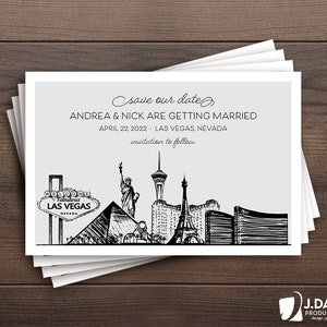 Las Vegas Hochzeit, Save the Date, Ankündigung, Vegas Skyline, Zielhochzeit, gedruckte Einladung mit Umschlägen