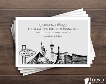 Las Vegas Wedding, Save the Date, Announcement, Vegas Skyline, Destination Wedding, Printed Invitation with Envelopes