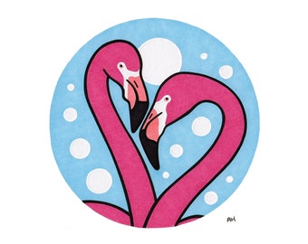 Flamingo Pair - Zoo - Animal Decor - Cute - Birds - Nursery Art - Kid's Room - Office Art - Tropical Art - Gift Idea - Portrait Art - Family