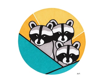 Raccoon Friends - Zoo - Animal Decor - Cute - Nursery Art - Kid's Room - Office Art - Woodland - Gift Idea - Portrait Art - Family - Forest