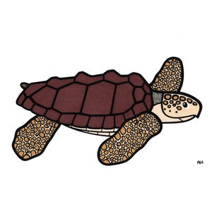 May include: A cartoon illustration of a brown sea turtle with a light brown shell and orange spots. The turtle is swimming to the right.