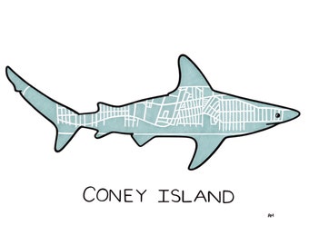 Coney Island Map Print - Shark Art - New York Print- Home Decor - NYC Map - Ocean Art - House Warming - Neighborhood Map - Nursery