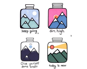 Motivation Mountains - Series of 4 - Wall Decor - Home - Inspiration - Hiking - Travel - Nature - Gift - Art - Landscape - Cute - Interior