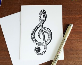 Pen and Ink / Black and White / Zentangle / Treble Cleff Music / Blank Card