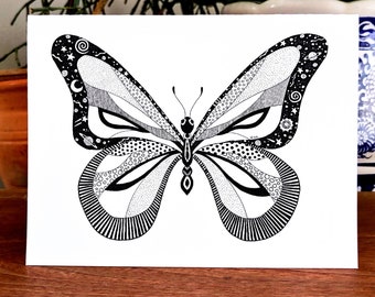 Butterfly Card, Pen and Ink, Zentangle Card, Black and White Card, Blank Card