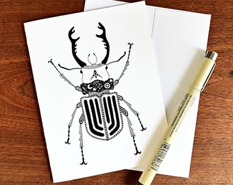 Stag Beetle Card, Pen and Ink, Zentangle Card, Black and White Card, Blank Card,